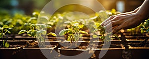 Hands nurturing young plants in a greenhouse with warm sunlight, symbolizing growth, sustainability, and eco-friendly agriculture