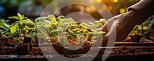 Hands nurturing young plants in a greenhouse with warm sunlight symbolizing growth sustainability and eco-friendly agriculture