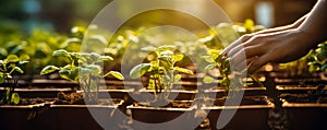 Hands nurturing young plants in a greenhouse with warm sunlight symbolizing growth sustainability and eco-friendly agriculture