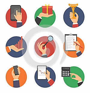 Hands with object icons set