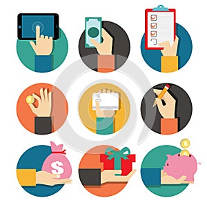 Hands with object icons set