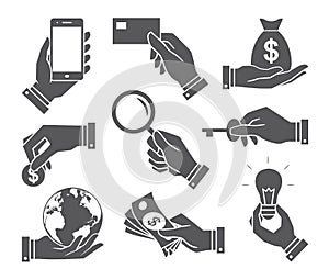 Hands with object icons set, Flat Design Vector illustration