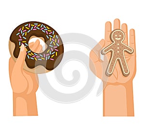 Hands offers sweetness with cake vector arm holding chocolate confectionery sweet confection seduction, no diet. not