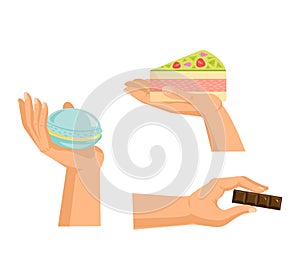 Hands offers sweetness with cake vector arm holding chocolate confectionery sweet confection seduction, no diet. not