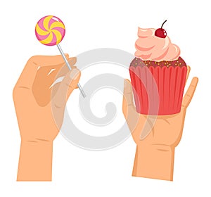 Hands offers sweetness with cake vector arm holding chocolate confectionery sweet confection seduction, no diet. not