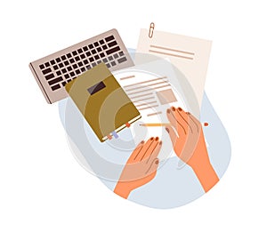 Hands with office documents, official papers, planner and computer keyboard. Employee arms work with business notebook