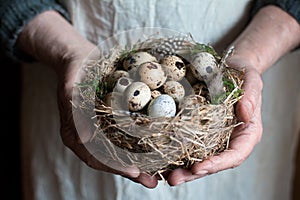 The hands of an old man hold a bird`s nest with quail eggs with green moss and feathers. Selective focus.