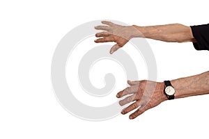 Hands of an old man with a missing middle finger phalanx on the white background isolated, disabled concept