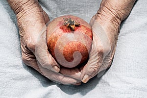 Hands of an old woman holding red pomegranate fruit. Artwork photography.