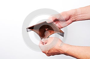 Hands open empty wallet money broke cash. Isolated on white background. No money. Bankruptcy economic financial