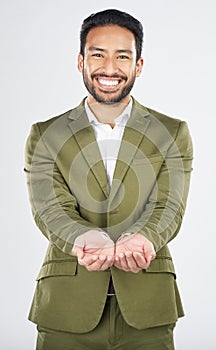 Hands, open and portrait of business man in studio for charity, begging for support and help. Happy, corporate and