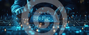 Hands Operating Digital Interface with Futuristic Technology Elements