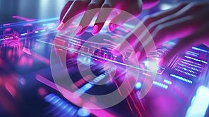 Hands operating a futuristic and glowing interactive touchscreen interface