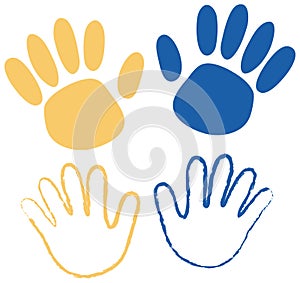 Hands painted blue and yellow isolated on white background