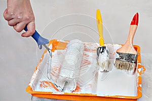 Hands painter dunks roller brush in tray of white paint.