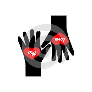 Hands palms with red heart symbols. My love. Black and red vector logo and symbol of friendship. Clipart on a white background.