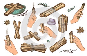 Hands with palo santo sticks. Palm holding wooden fragrant sticks for aroma therapy and meditations. Vector hand drawn mystic