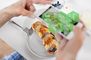 Hands with pancakes and nutritional value chart