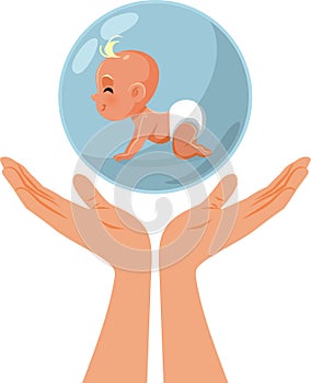 Hands of a Parent Protecting Little Baby Vector Cartoon Illustration
