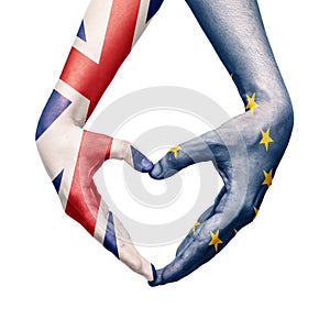 Hands patterned with the British and the European flag