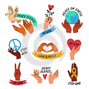 Hands peace emblems. Peaceful icons with texts, human arms hold different objects love, ecological and freedom symbols