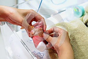 Hands of pediatric nurse using medical adhesive plaster stick and strap to measure oxygen in the blood