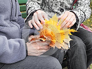 The hands of the pensioner. Helping hands, care for the elderly concept.