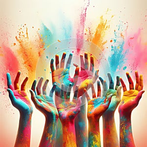 Hands of people covered with colored powder. Holi festival