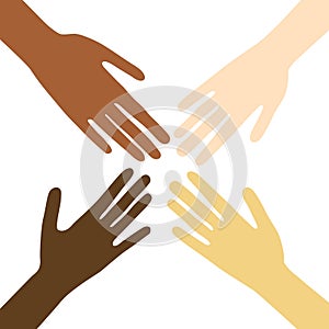 Hands of people of different races and nationalities with black brown white yellow red color skin together as symbol of equality
