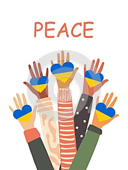 The hands of people with different skin colors, different nationalities and religions hold a heart in support of Ukraine. Peace