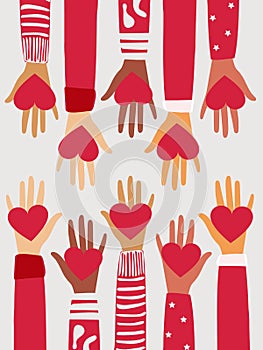 The hands of people with different skin colors, different nationalities and religions hold a red heart. Vertical banner