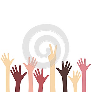 Hands of people with different skin colors and a hand with a peace sign. Inclusion concept. Equality of people.