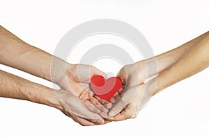 Hands of people hold red heart. Valentines day relationship concept. On isolated background