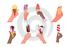 Hands of people holding ice creams set, cone with soft colorful balls or swirls of gelato