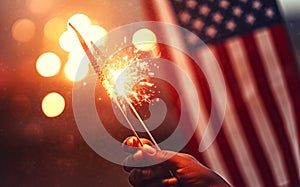 Hands of people holding sparkler next to the American flag. Independence Day concept