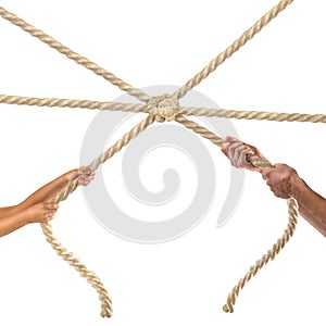 Hands of people pulling the rope on white background. Competition concept