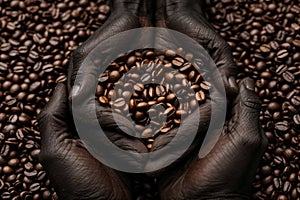 hands of people showing a pile of roasted coffee beans in front of a background composed of many other coffee beans