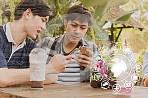 Hands of people use smartphone for connecting to various application, internet of things