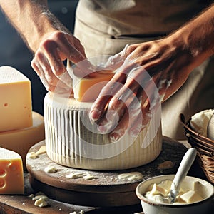 Hands of a person in an apron making cheese, with various types of cheese and tools around.