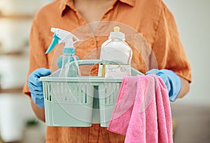 Hands of person with detergent basket for cleaning, housekeeping and disinfection of dirt, bacteria and dust. Closeup of