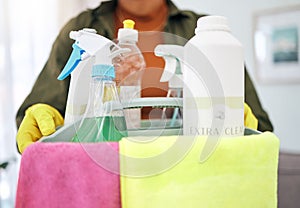 Hands, person and detergent basket for cleaning, housekeeping or disinfection of dirt at home. Closeup of cleaner with