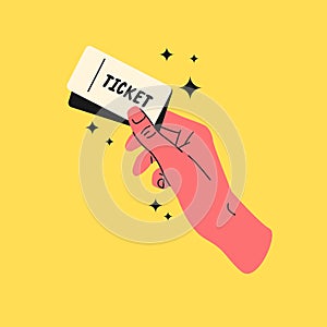 The hands of the person holding the tickets. Isolated illustration on a yellow background. Template for the design.