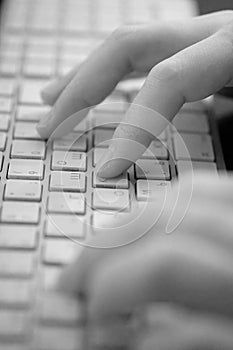 Hands of a person on the keys of the computer keyboard