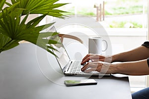 Hands of a person by a table at home working on a laptop computer with coffee mug and a mobile phone.