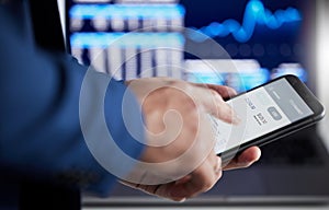 Hands, phone data and stock market trader search dashboard, fintech app and cryptocurrency software. Closeup of business