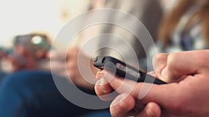 Hands, phone and group of business people in a row on mobile technology in creative startup office. Closeup, smartphone