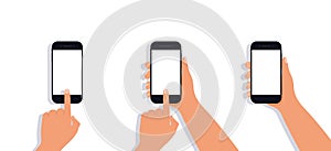 Hands with phone for mobile device design. Man or woman holding smartphone with white screen. vector illustration