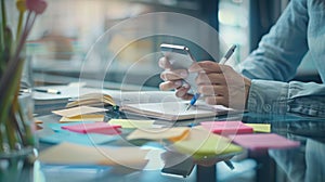 The hands with phone and notebook.AI generated image