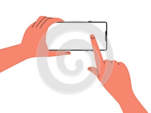 Hands with a phone on a white background, horizontal orientation, index finger touches a blank screen