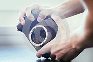 Photographer is using a professional camera, open sensor photo